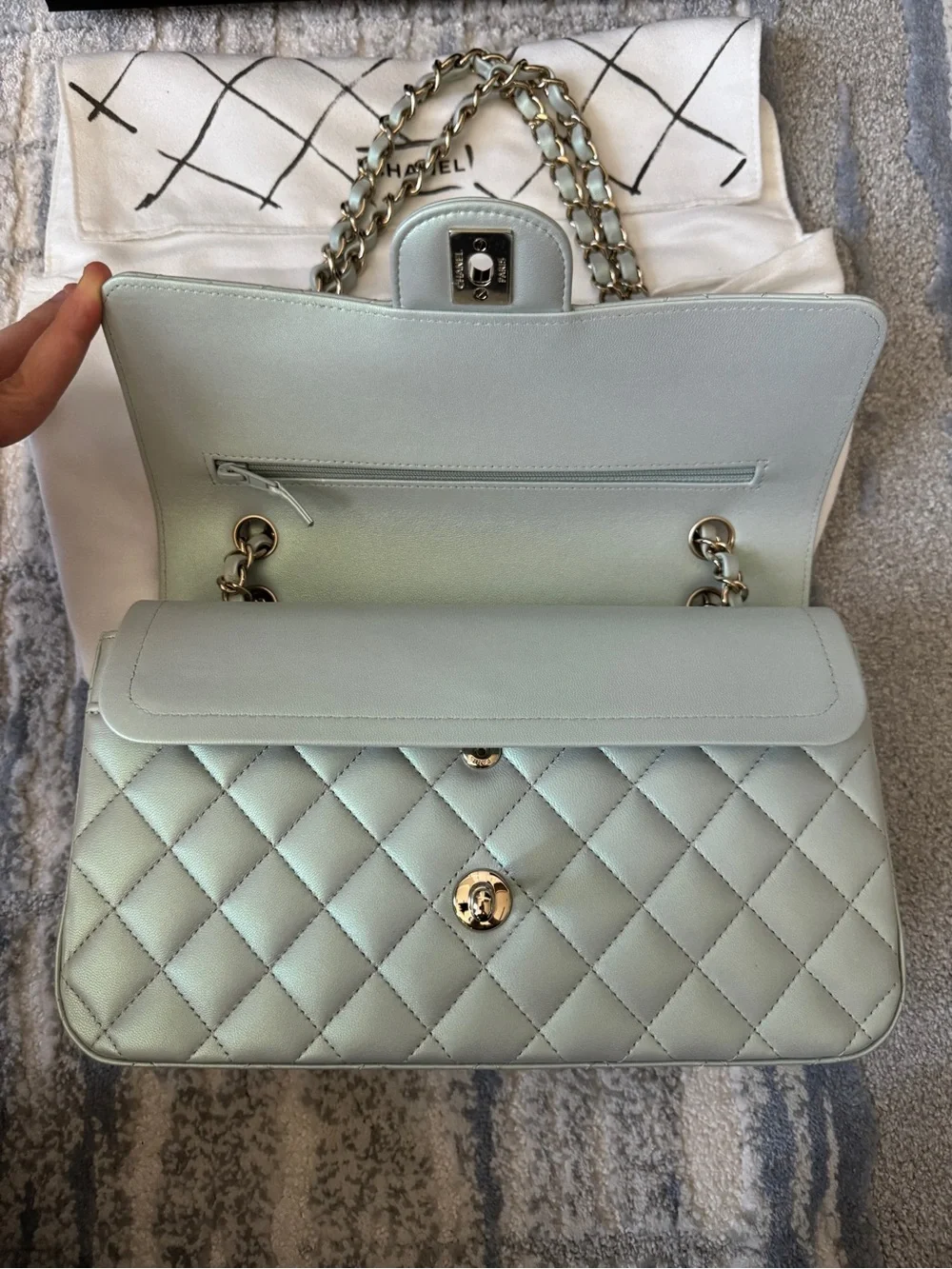Chanel Iridescent Blue Medium Classic Flap Bag Quilted Lambskin Gold Hardware